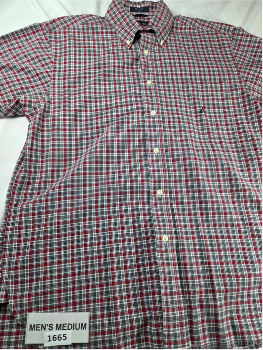Men's Nautica Casual Button Down Shirt Medium Red Grey Plaid #1665